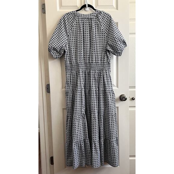 CHICO'S Navy White Cotton Poplin Basket Weave Tiered Maxi Dress Sz 3 US 16 - Picture 9 of 14